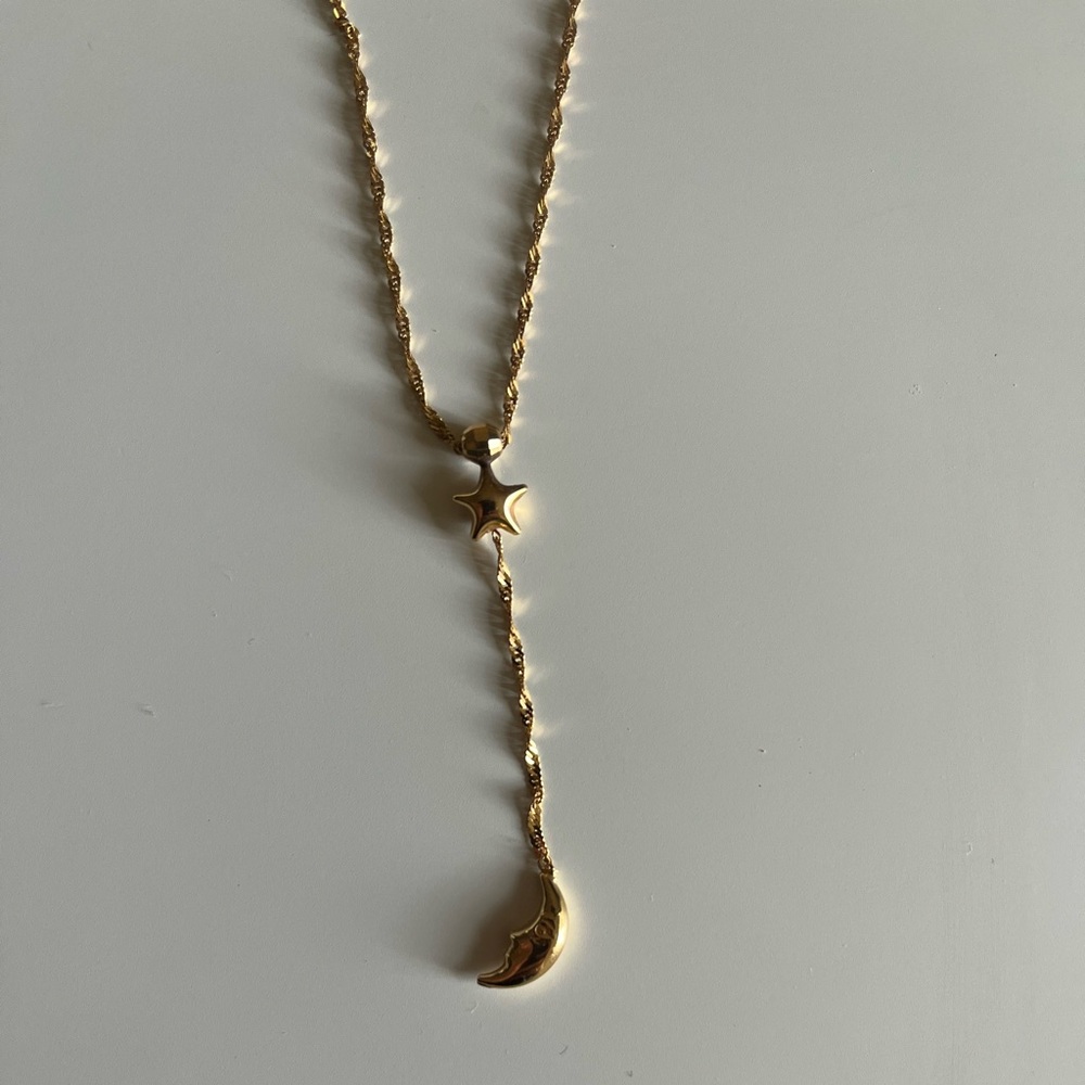 14k GOLD Lariat Necklace Moon Star cottage core fairy  layering Italy
